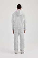 Embroidered Knitted Zip Hoodie & Jogger- Light Grey