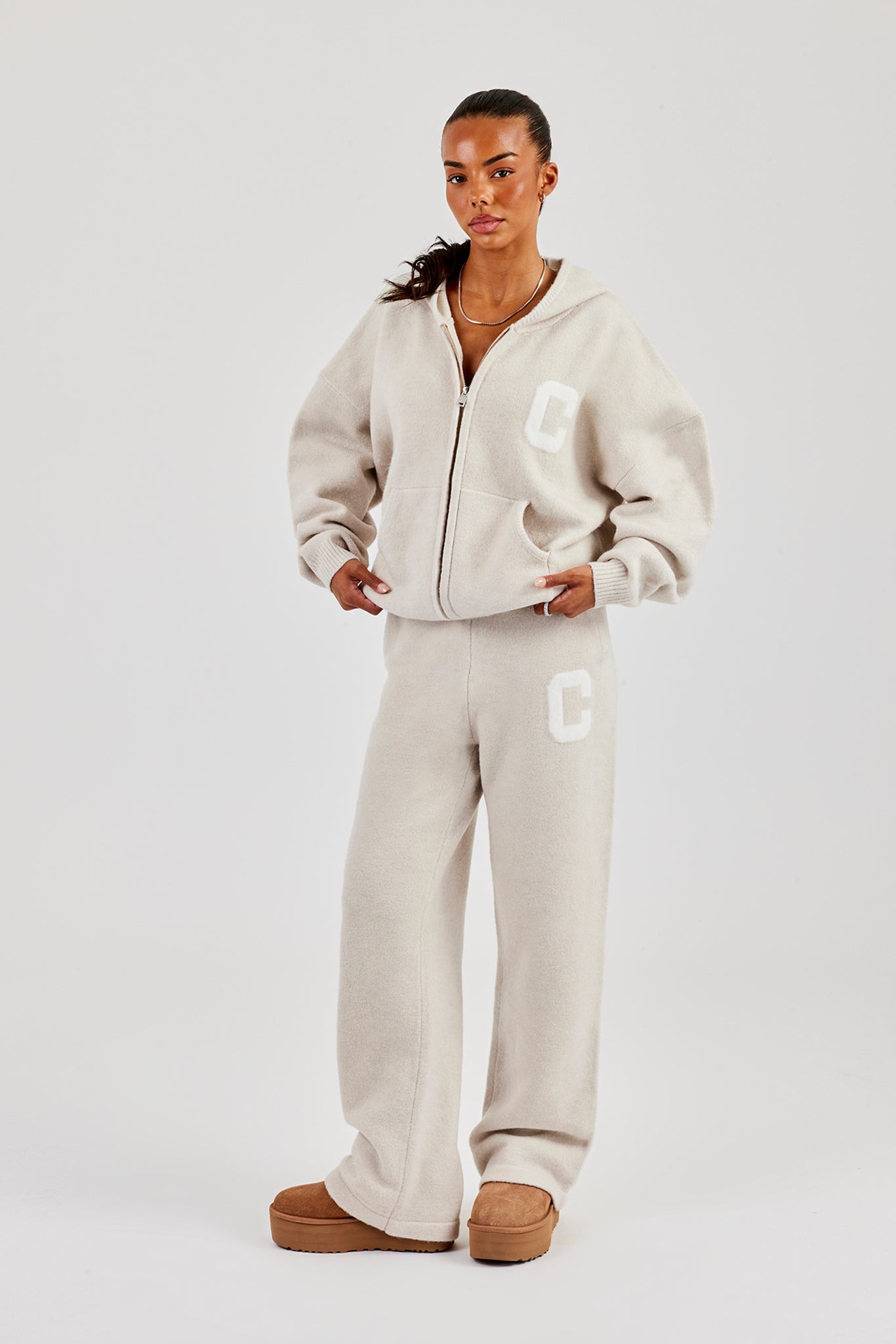 Hooded Zip Through Knitted Tracksuit - Oatmeal