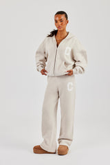 Hooded Zip Through Knitted Tracksuit - Oatmeal