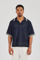 Contrast Rib Knit Polo - Navy