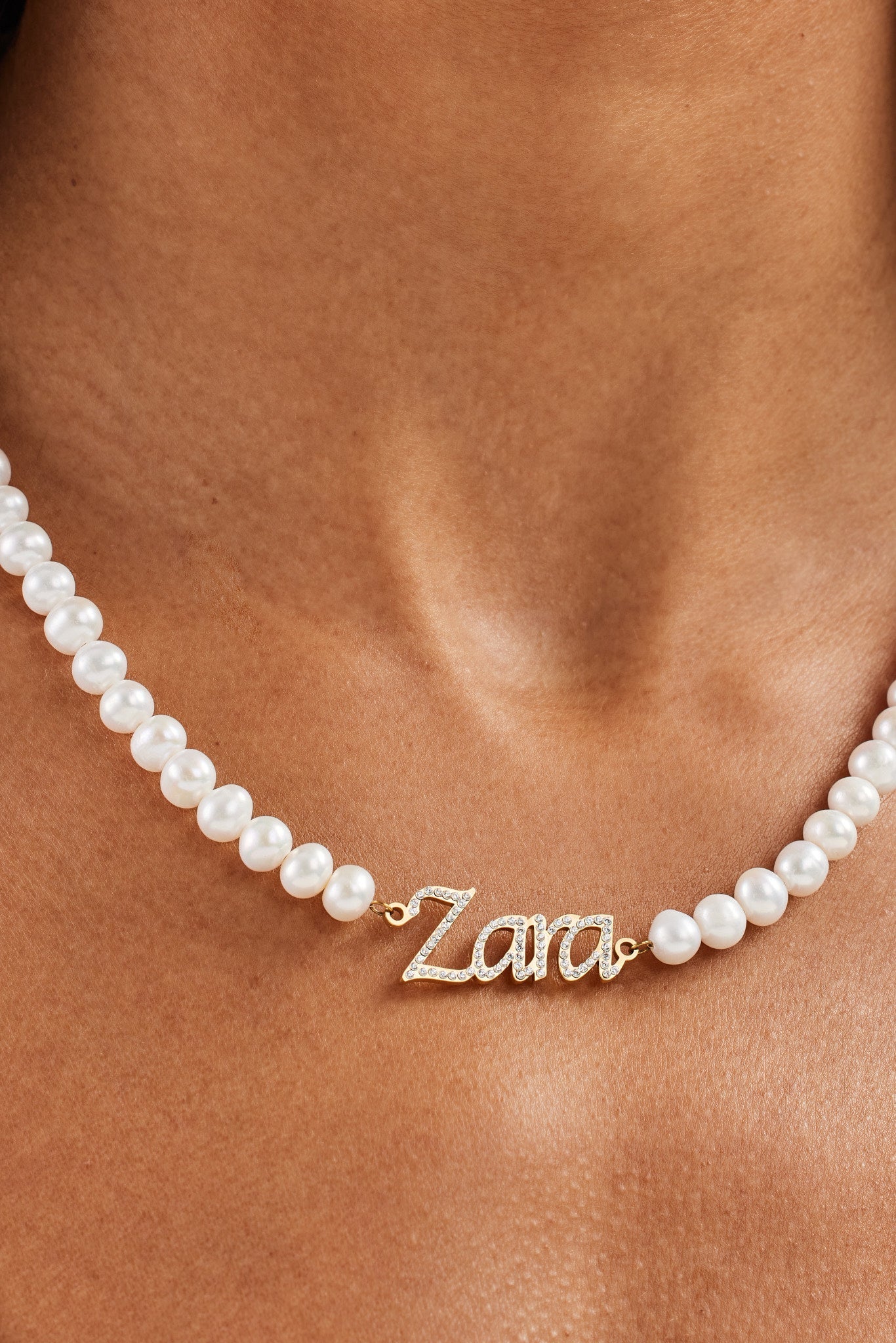 Iced Name Freshwater Pearl Necklace - Gold - 10mm