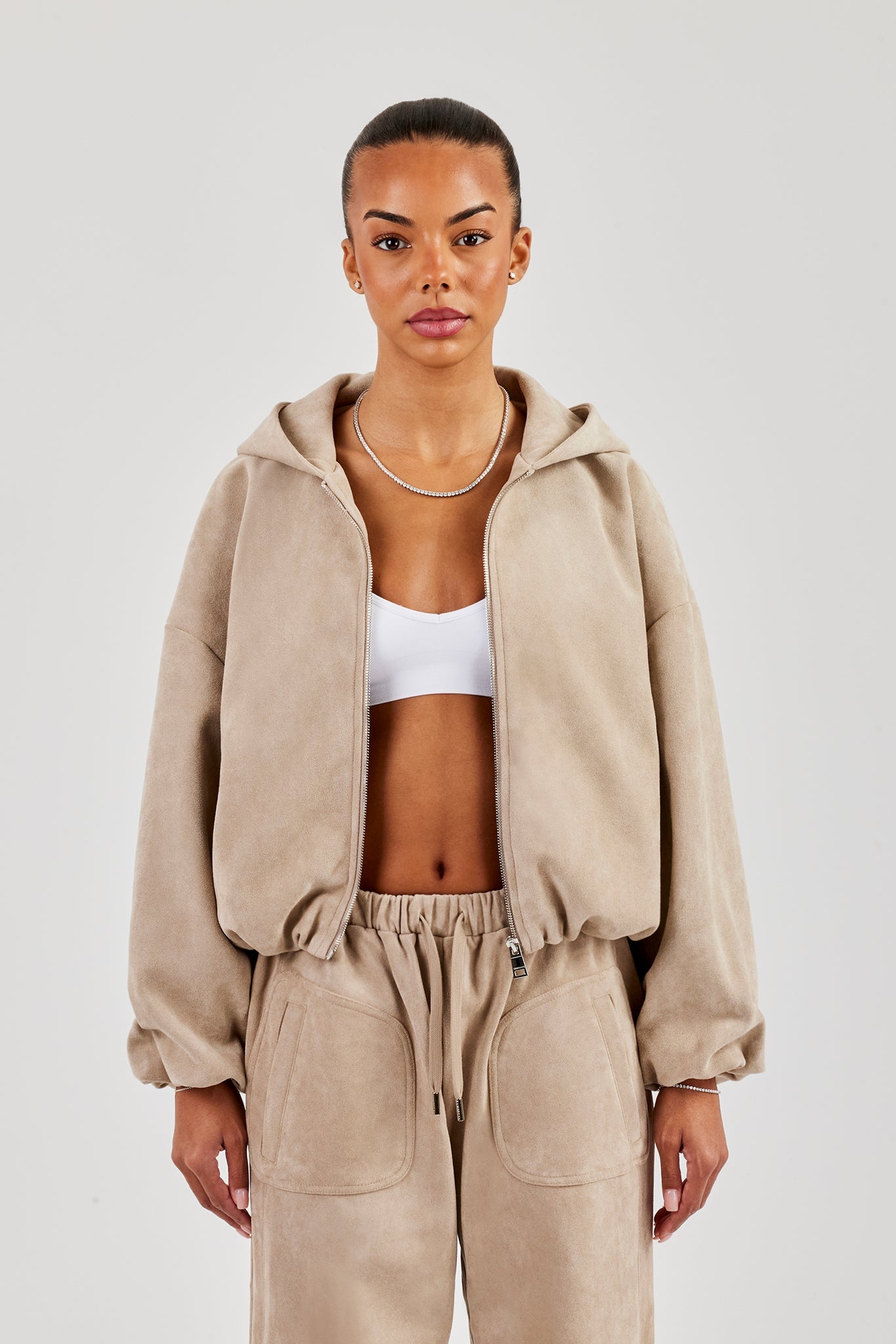 Suede Hooded Jacket - Beige