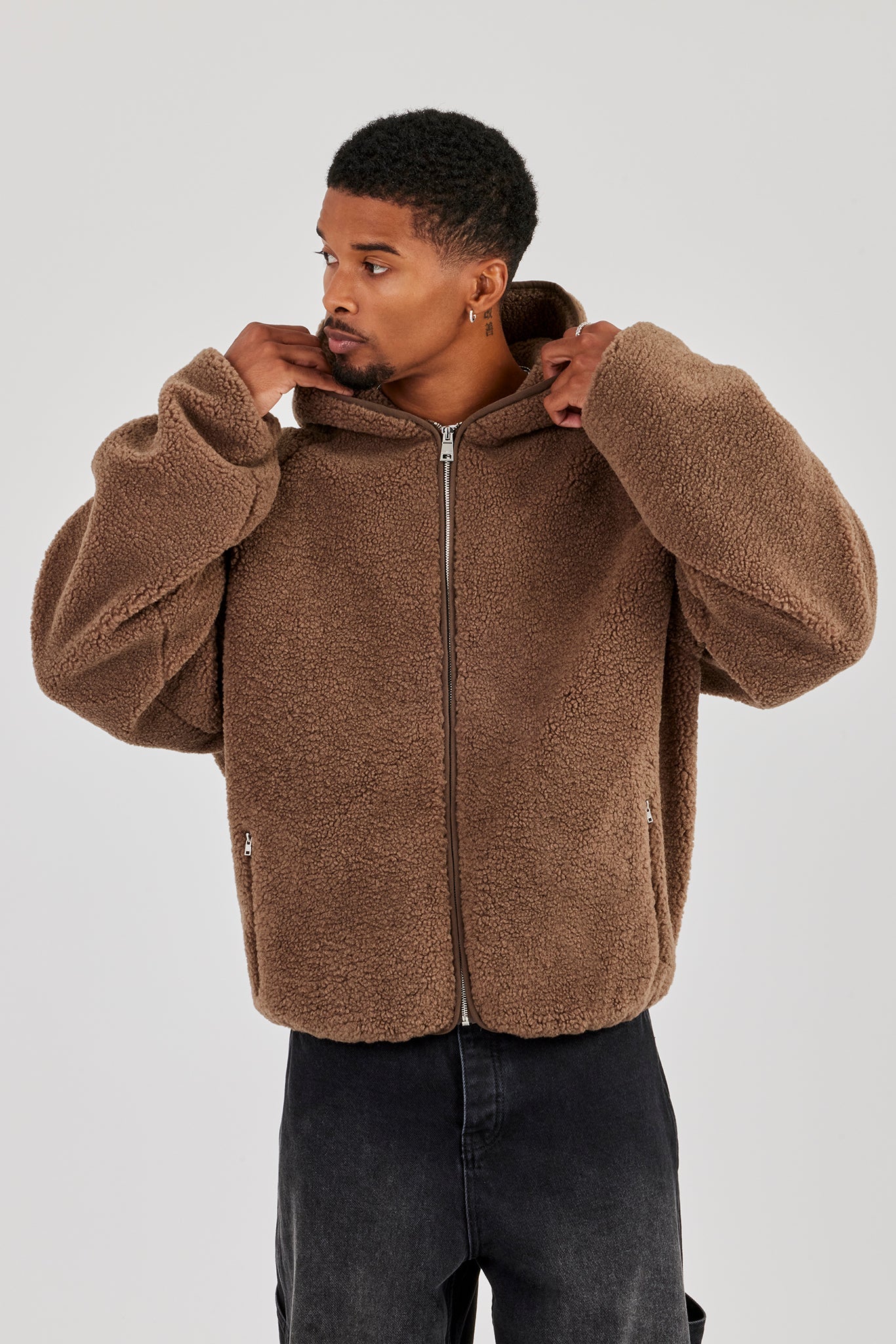 Oversized Borg Zip Hoodie - Chocolate