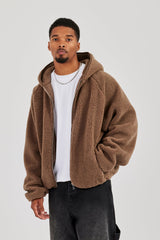 Oversized Borg Zip Hoodie - Chocolate