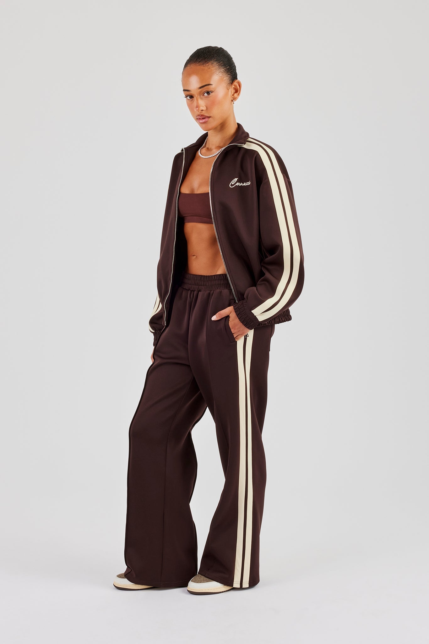 Funnel Neck Butter Yellow Taping Zip Through Track Jacket - Chocolate