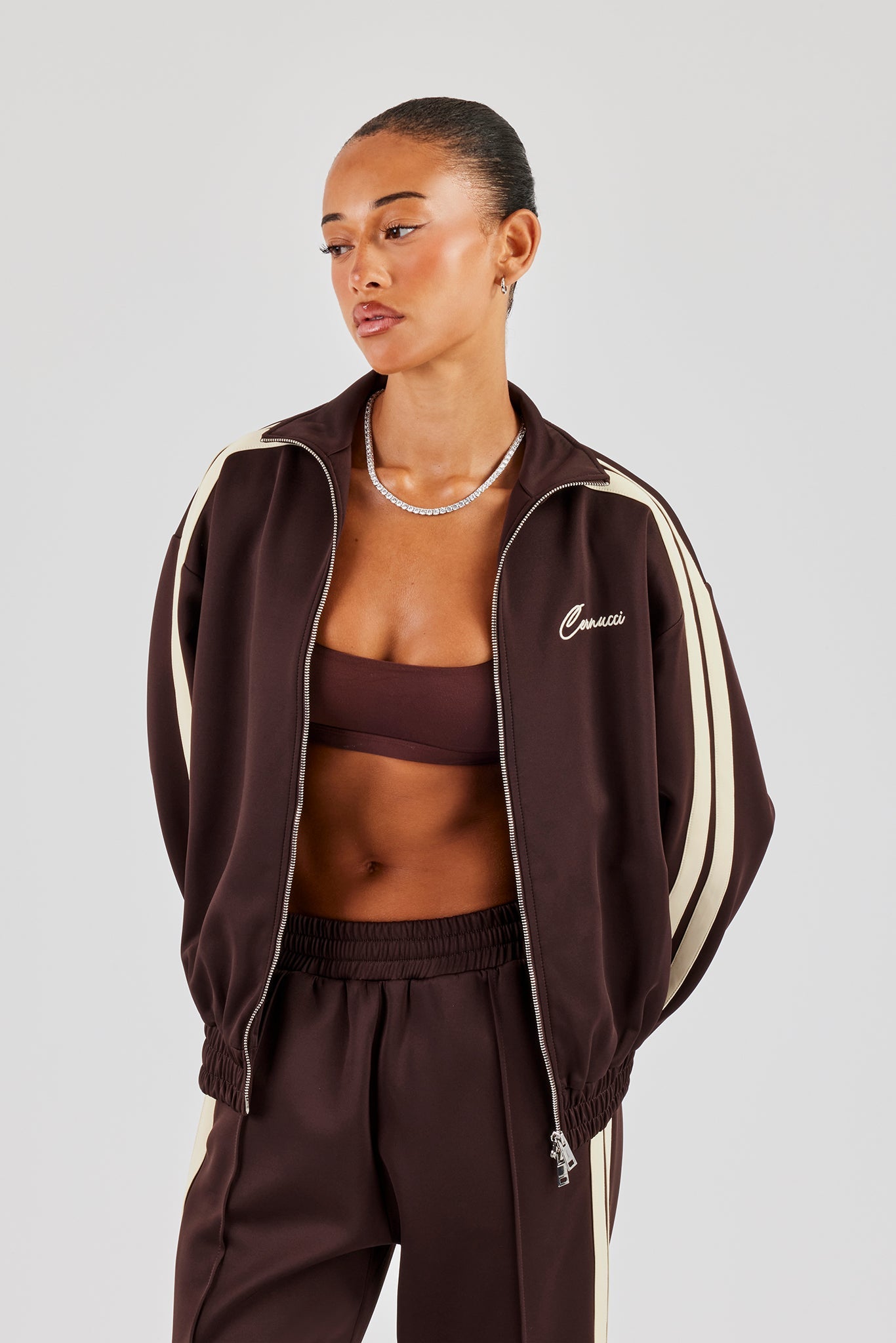 Funnel Neck Butter Yellow Taping Zip Through Track Jacket - Chocolate