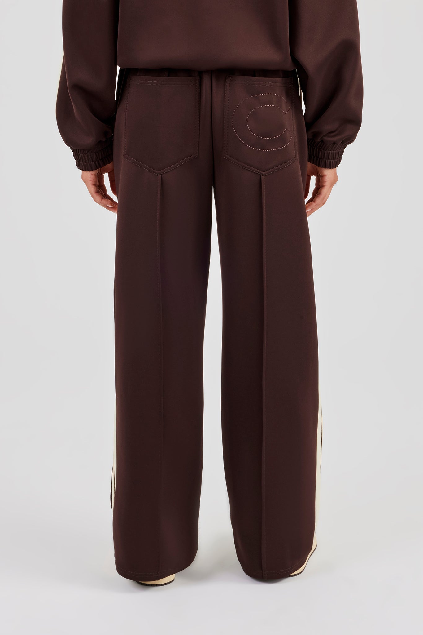 Wide Leg Track Pant With Butter Yellow Taping  - Chocolate