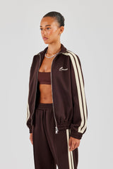 Funnel Neck Butter Yellow Taping Zip Through Track Jacket - Chocolate