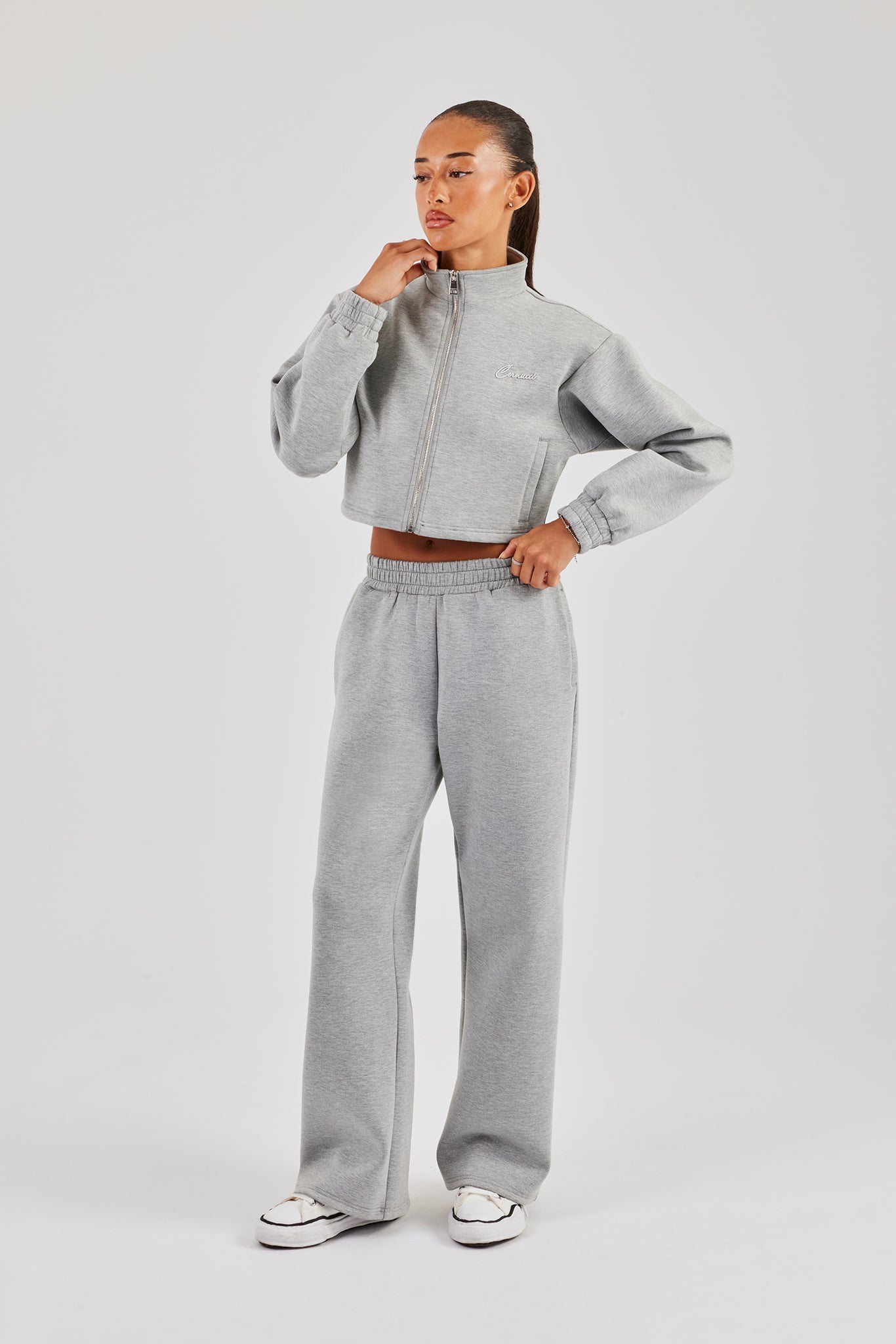 Scuba Funnel Neck Crop Jacket & Jogger - Grey