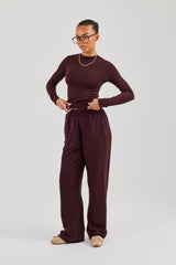 Soft Touch Button Detail Trouser - Burgundy