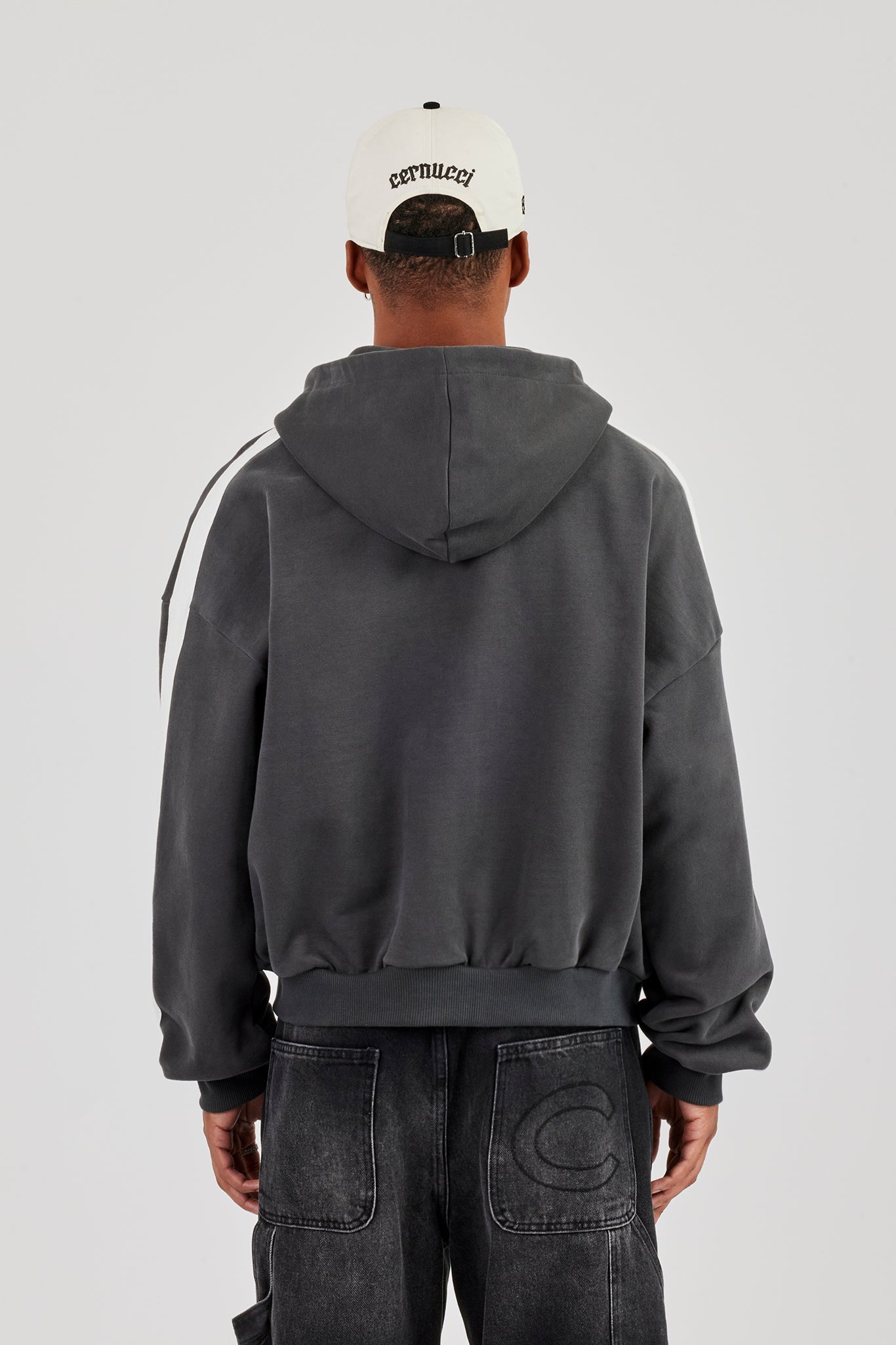 86 Taping Boxy Zip Through Hoodie - Charcoal