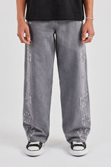 Raw Edge Baggy Applique Motif Jean - Washed Grey