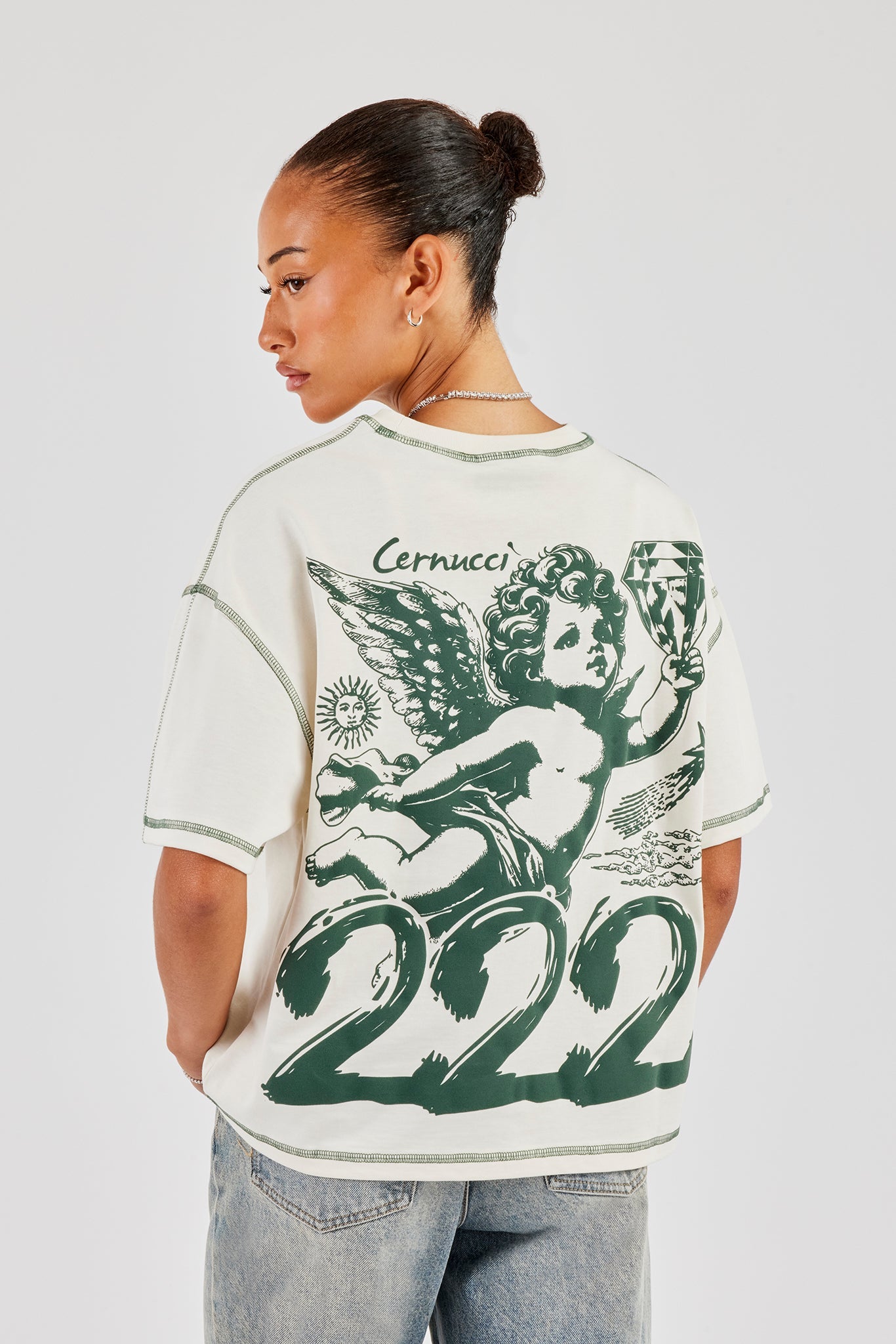 222 Cherub Contrast Stitch Oversized T-Shirt - Off White