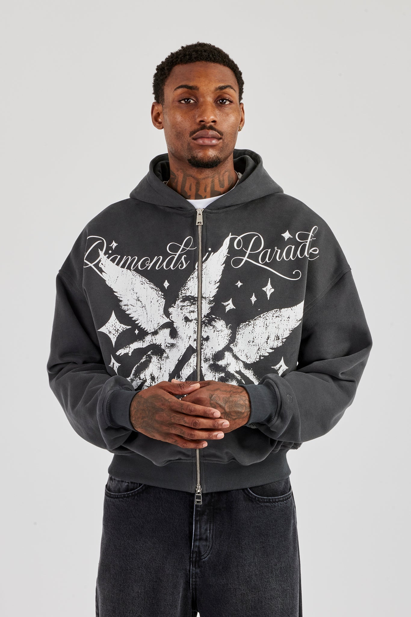 Diamonds In Paradise Printed Boxy Zip Hoodie – Charcoal
