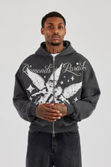 Diamonds In Paradise Printed Boxy Zip Hoodie – Charcoal