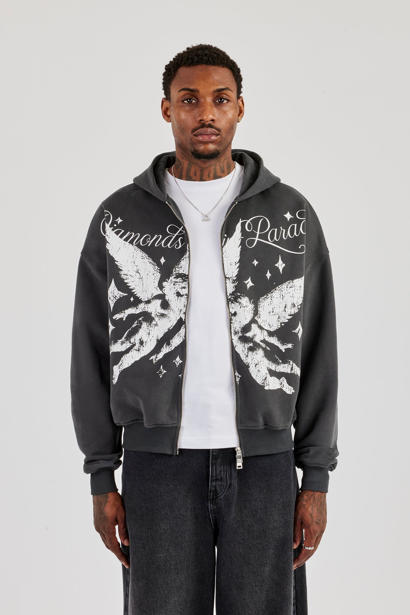 Diamonds In Paradise Printed Boxy Zip Hoodie – Charcoal