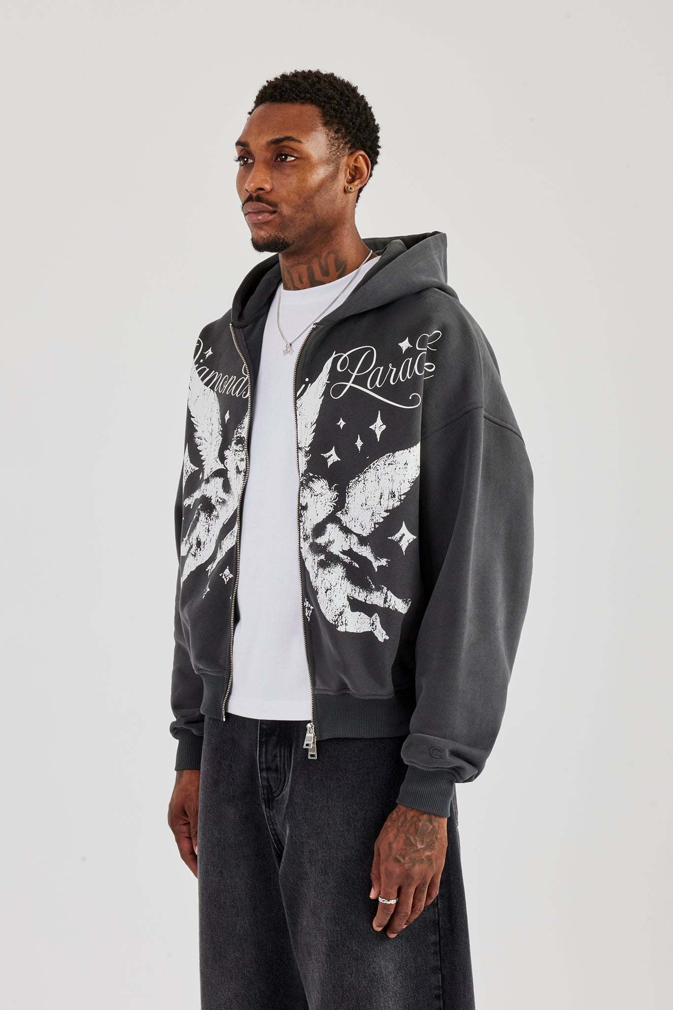 Diamonds In Paradise Printed Boxy Zip Hoodie – Charcoal