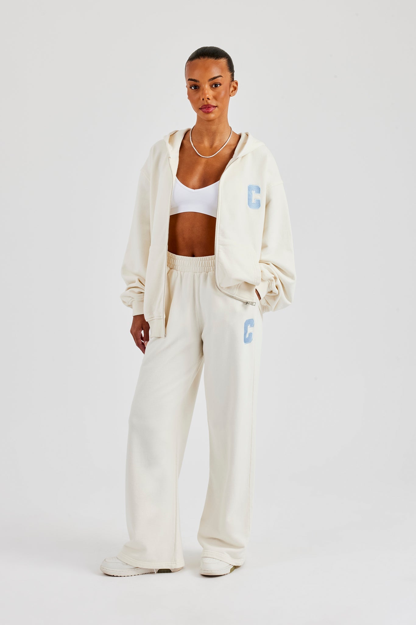 C Embroidered Zip Through Hoodie - Off White