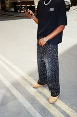 Baggy Fit Rhinestone Jeans - Washed Black