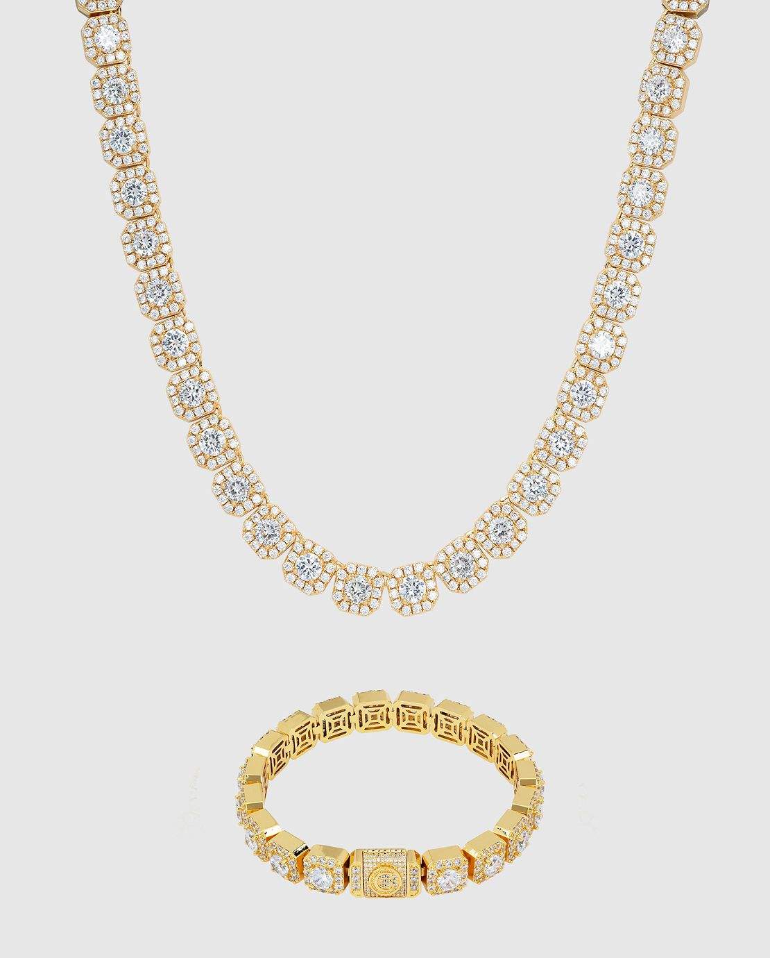 10mm Clustered Tennis Chain + Bracelet Bundle - Gold - Cernucci