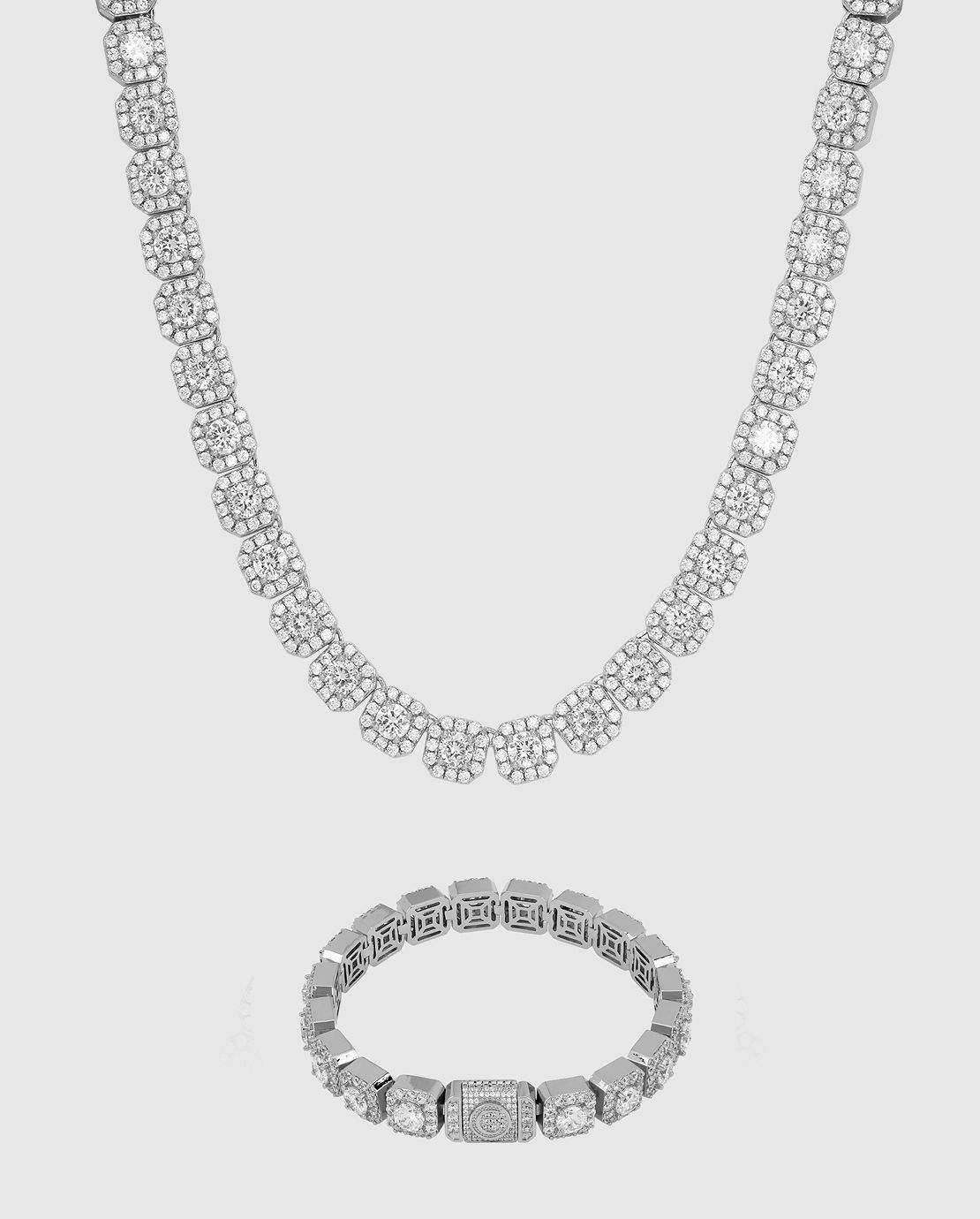 10mm Clustered Tennis Chain + Bracelet Bundle - White Gold - Cernucci