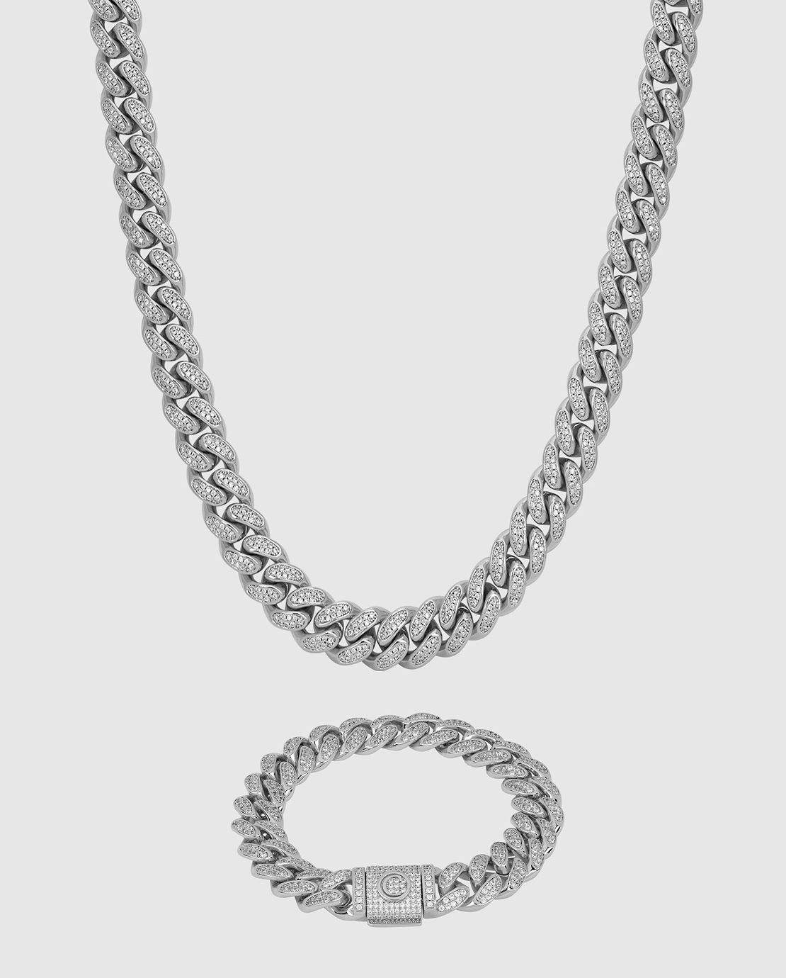 12mm Iced Cuban Chain + Bracelet Bundle - White Gold - Cernucci