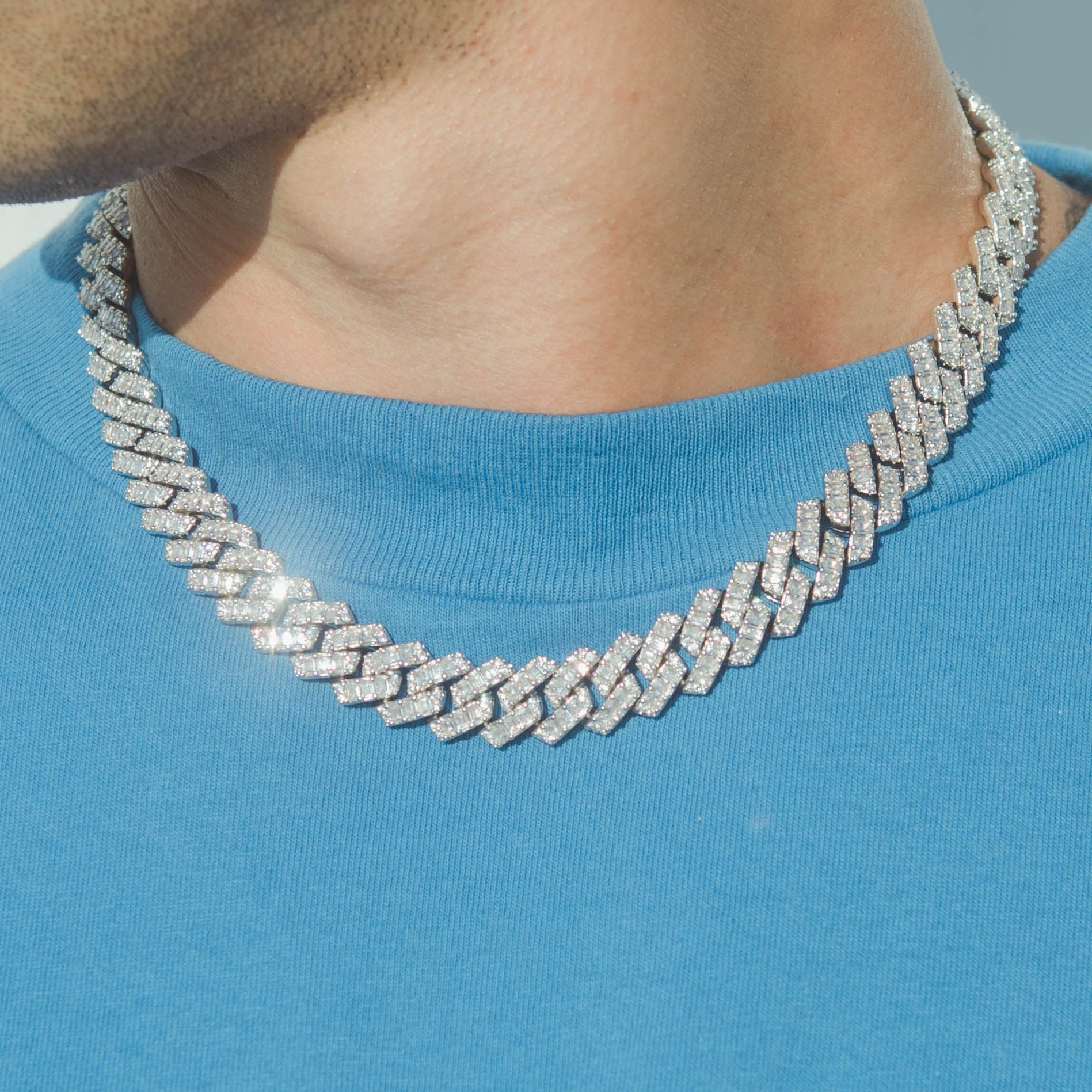 14mm Baguette Prong Cuban Chain - White Gold - Cernucci