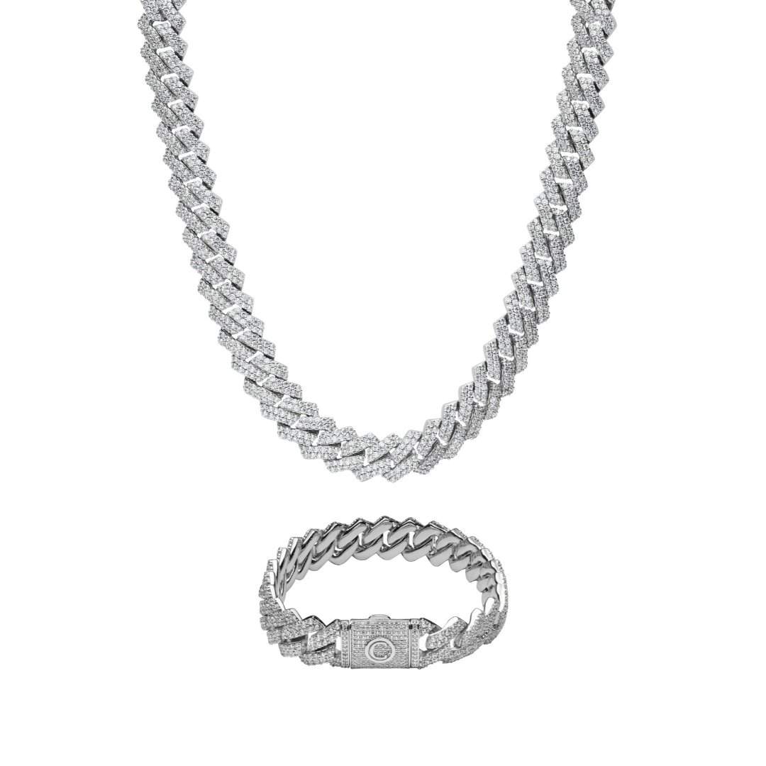 14mm Prong Link Chain + Bracelet Bundle - White Gold - Cernucci