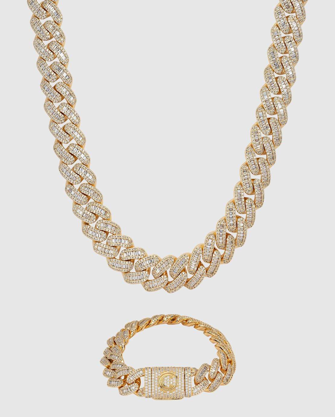 15mm Baguette Cuban Chain + Bracelet - Gold - Cernucci