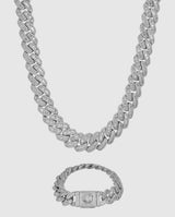 15mm Baguette Cuban Chain + Bracelet - White Gold - Cernucci