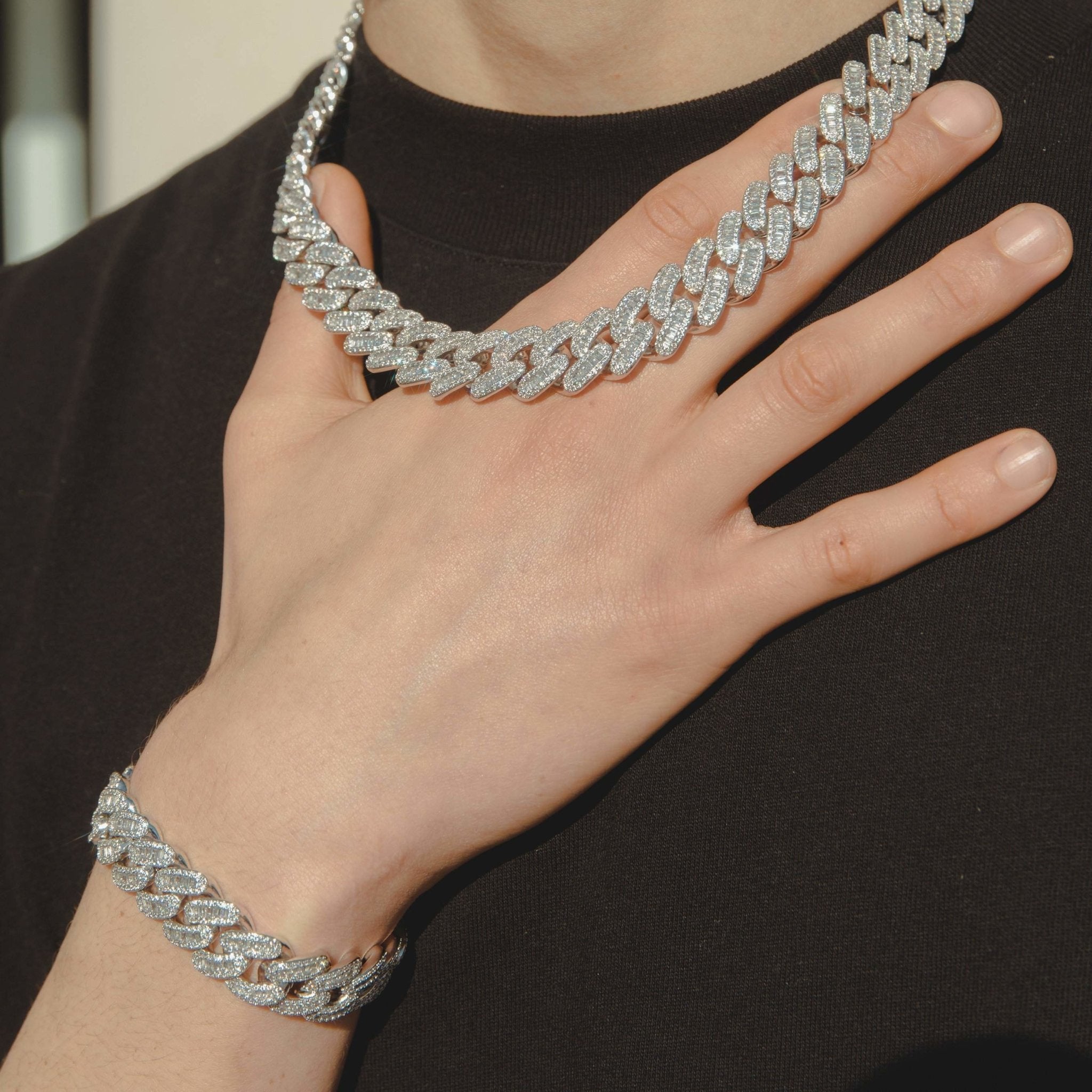 15mm Baguette Cuban Chain + Bracelet - White Gold - Cernucci