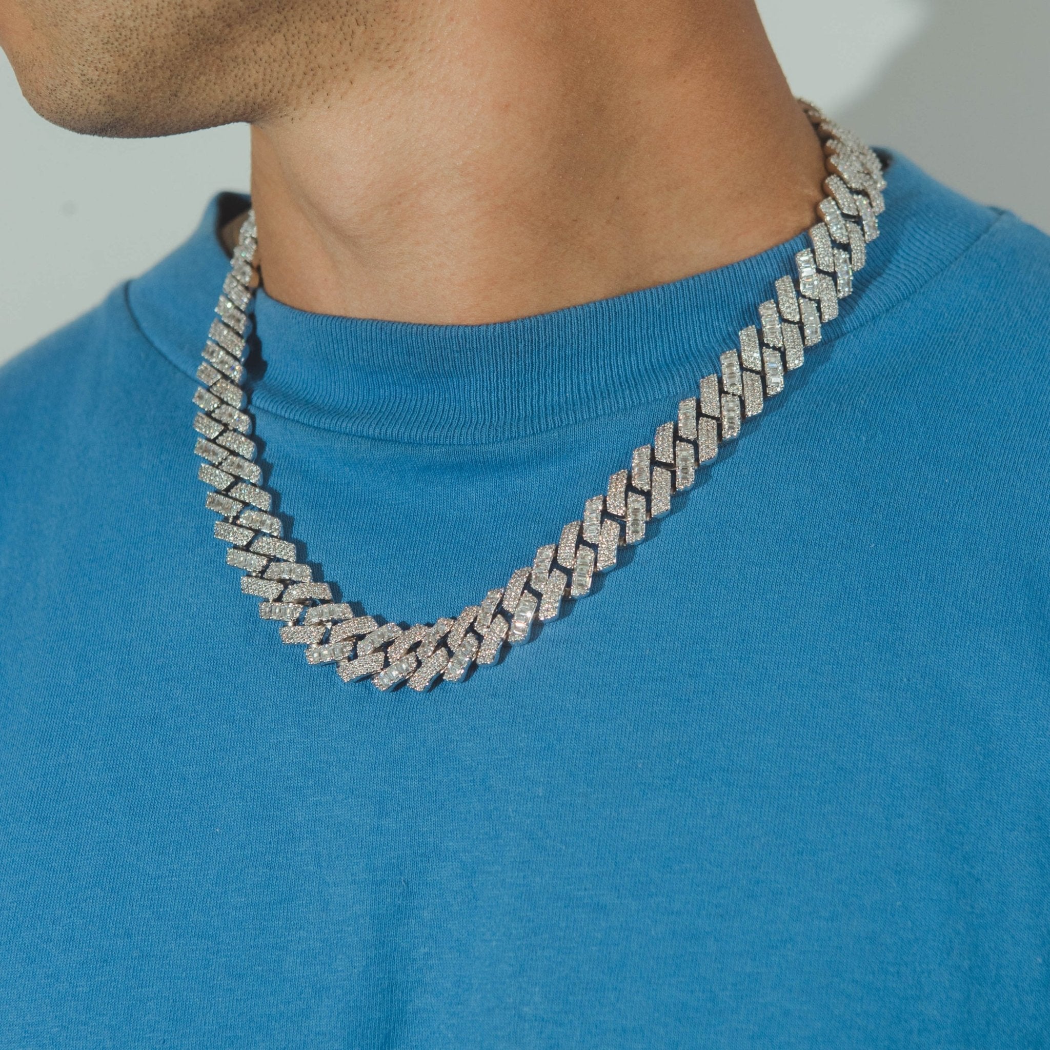 16mm Regular & Baguette Prong Chain - White Gold - Cernucci