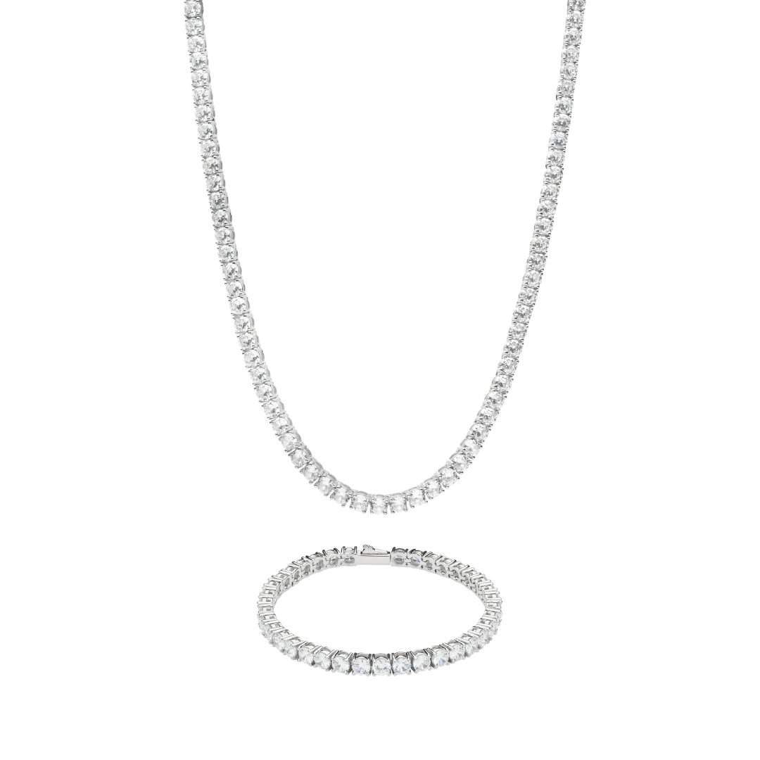 5mm Tennis Chain + Bracelet Bundle - White Gold - Cernucci