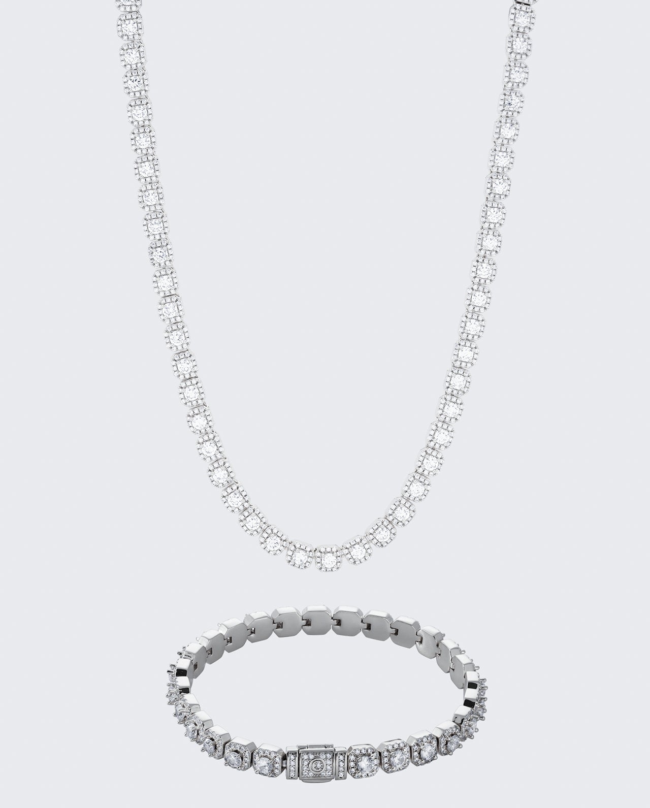 7mm Clustered Tennis Chain + Bracelet Bundle - White Gold - Cernucci