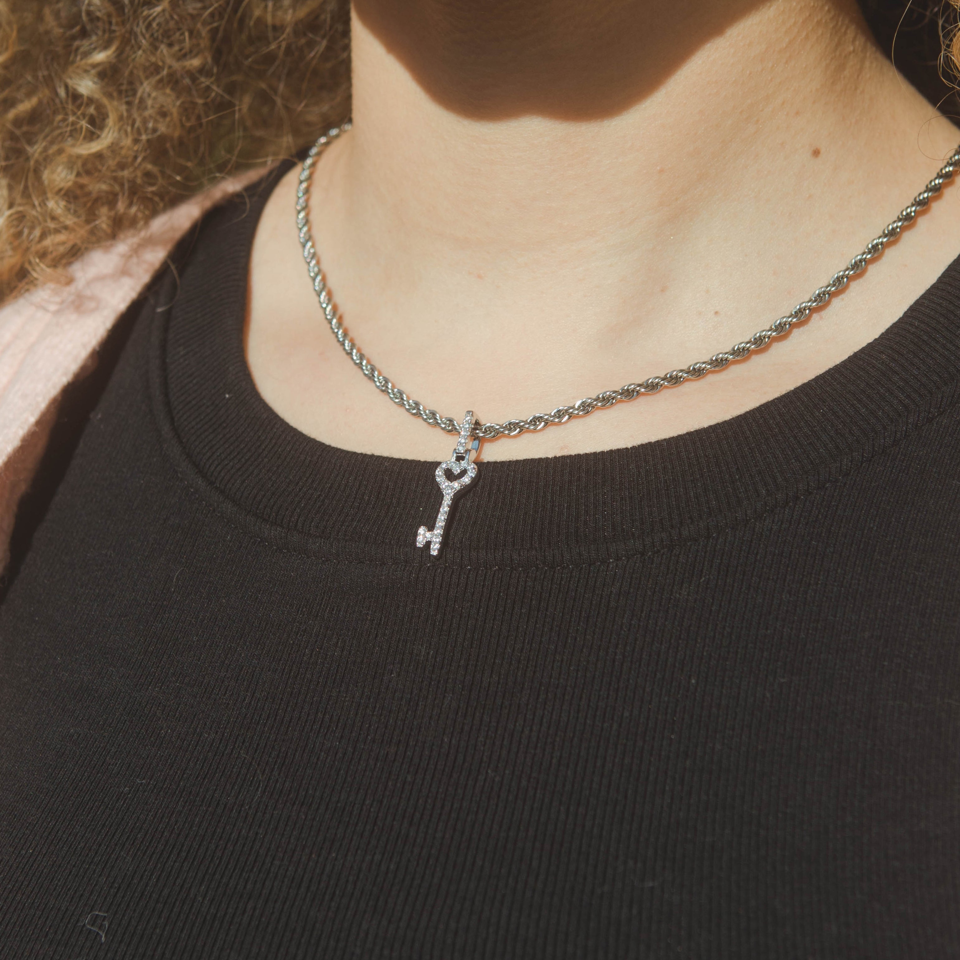 Iced Heart Key Pendant - White Gold