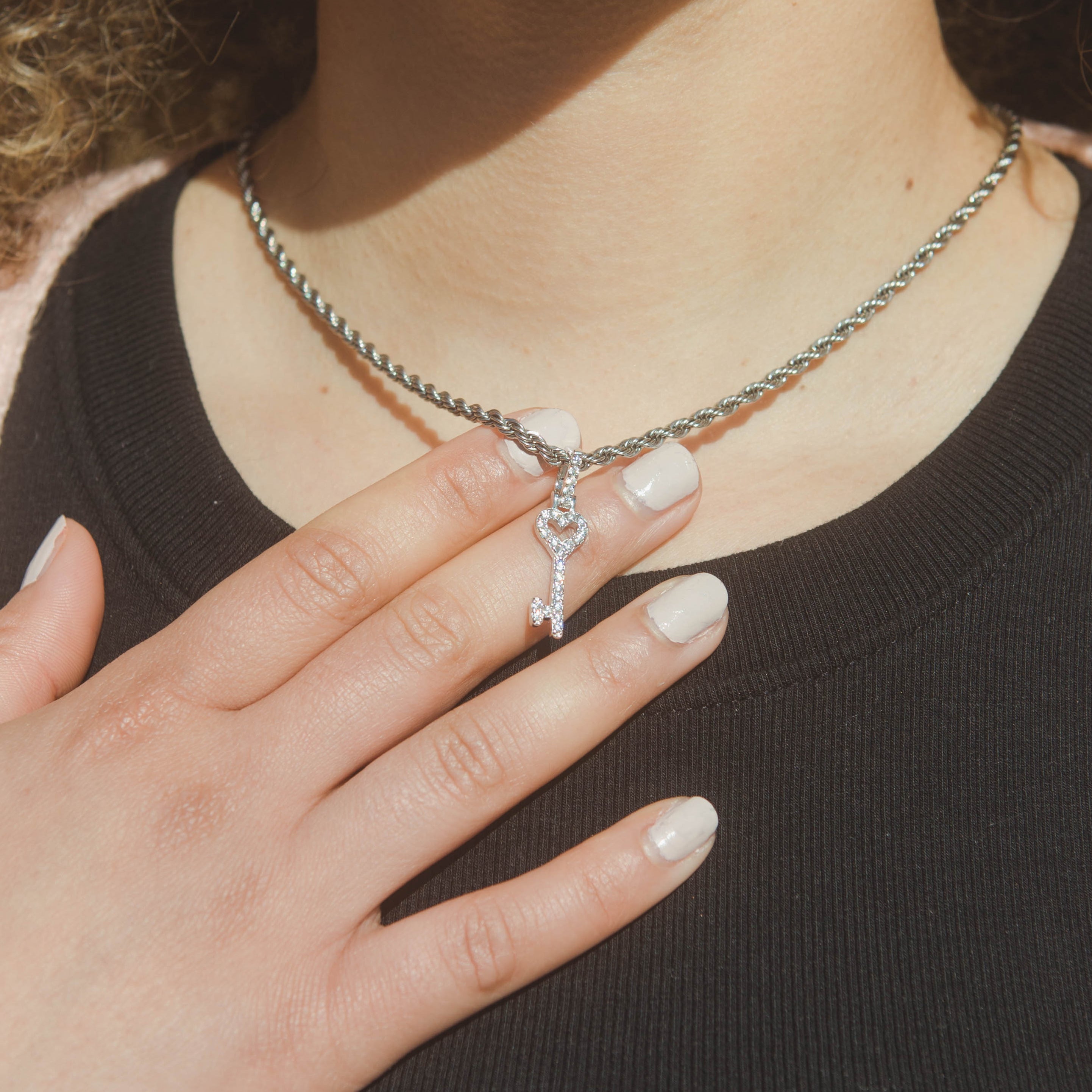 Iced Heart Key Pendant - White Gold