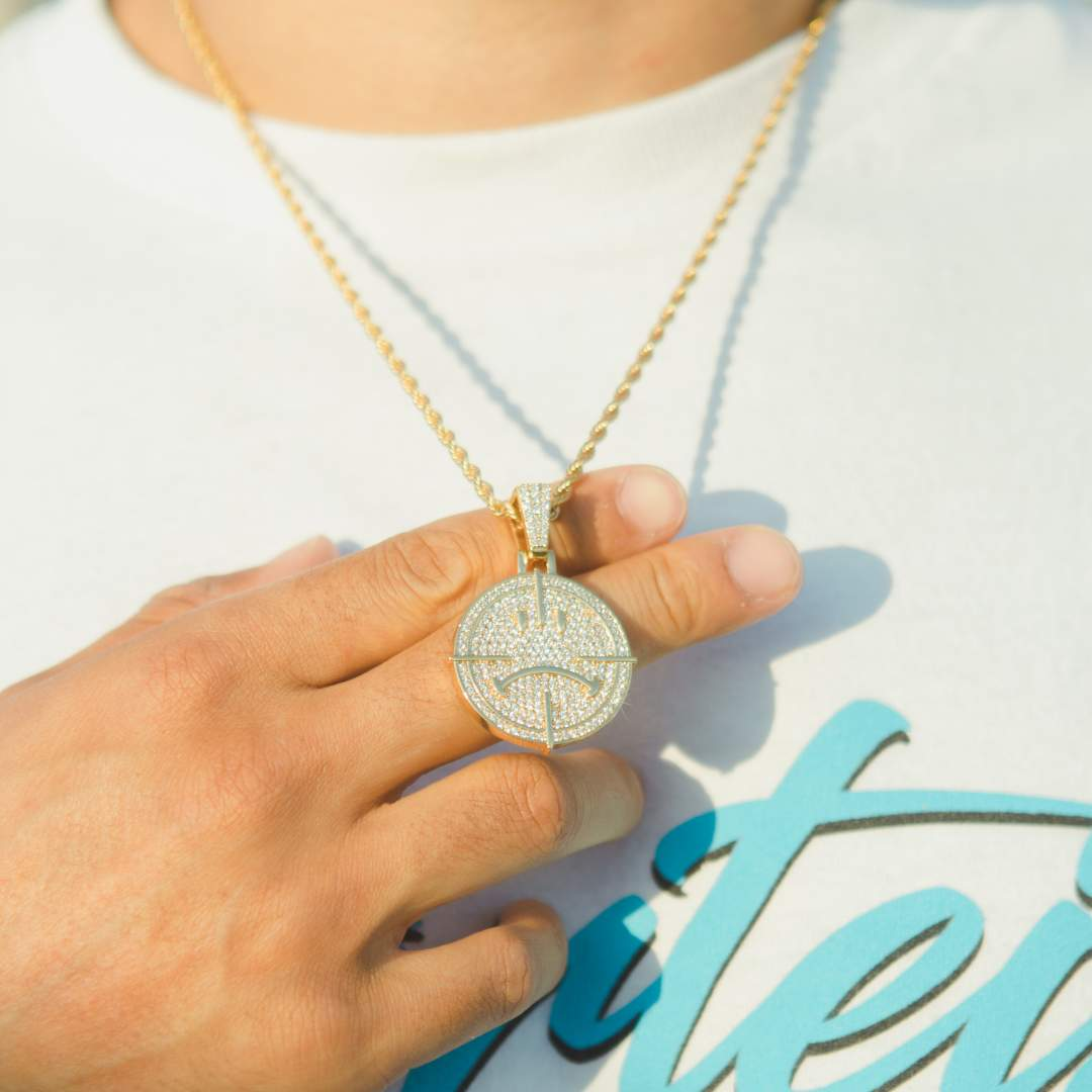 Iced Happy & Sad Pendant - Gold-Cernucci-50-100,__tab1:happysadpendant,__tab2:chainsizeguide,e,gift100,gift50,gold-collection,material-18k-gold-plated,material-gold,new,pendant,pendants-w-chains