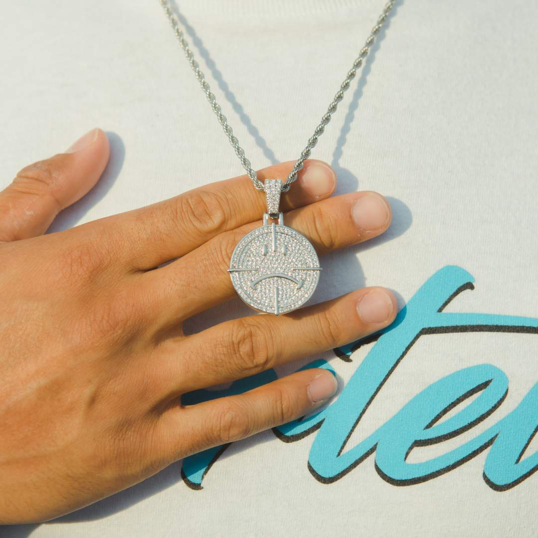 Iced Happy & Sad Pendant - White Gold-Cernucci-50-100,__tab1:happysadpendant,__tab2:chainsizeguide,gift100,gift50,material-18k-white-vermeil,material-whitegold,new,pendant,pendants-w-chains,whitegold-collection