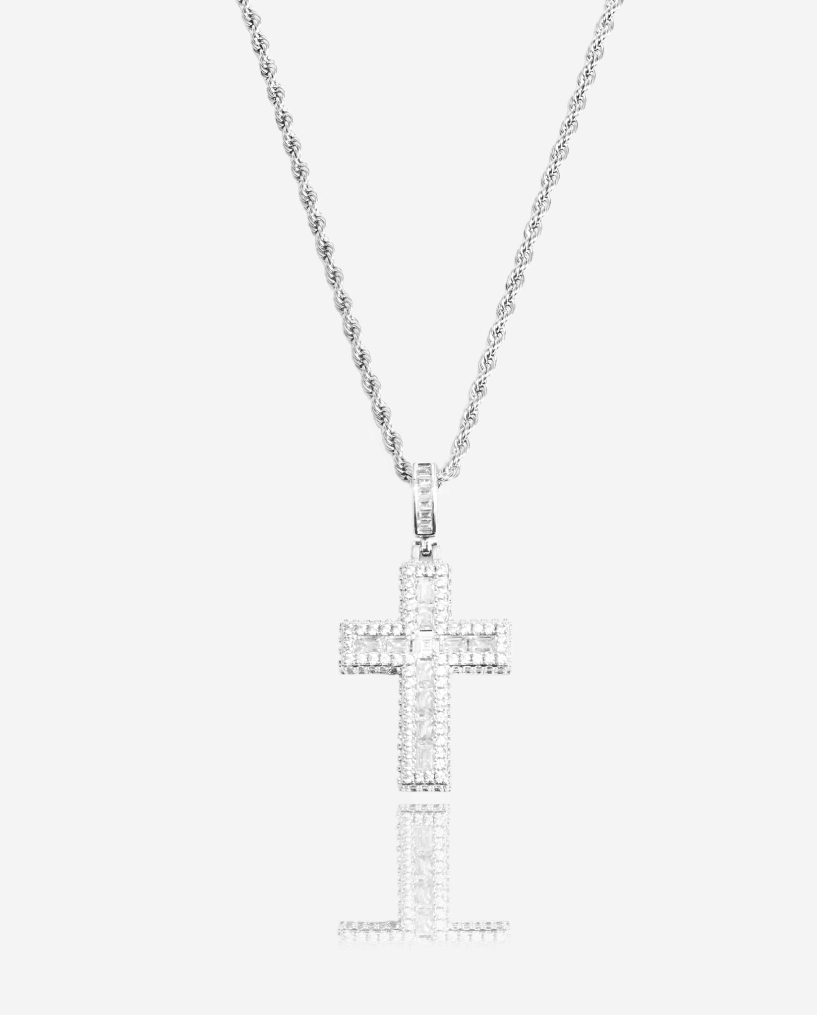 Baguette Cross Pendant - White Gold - Cernucci