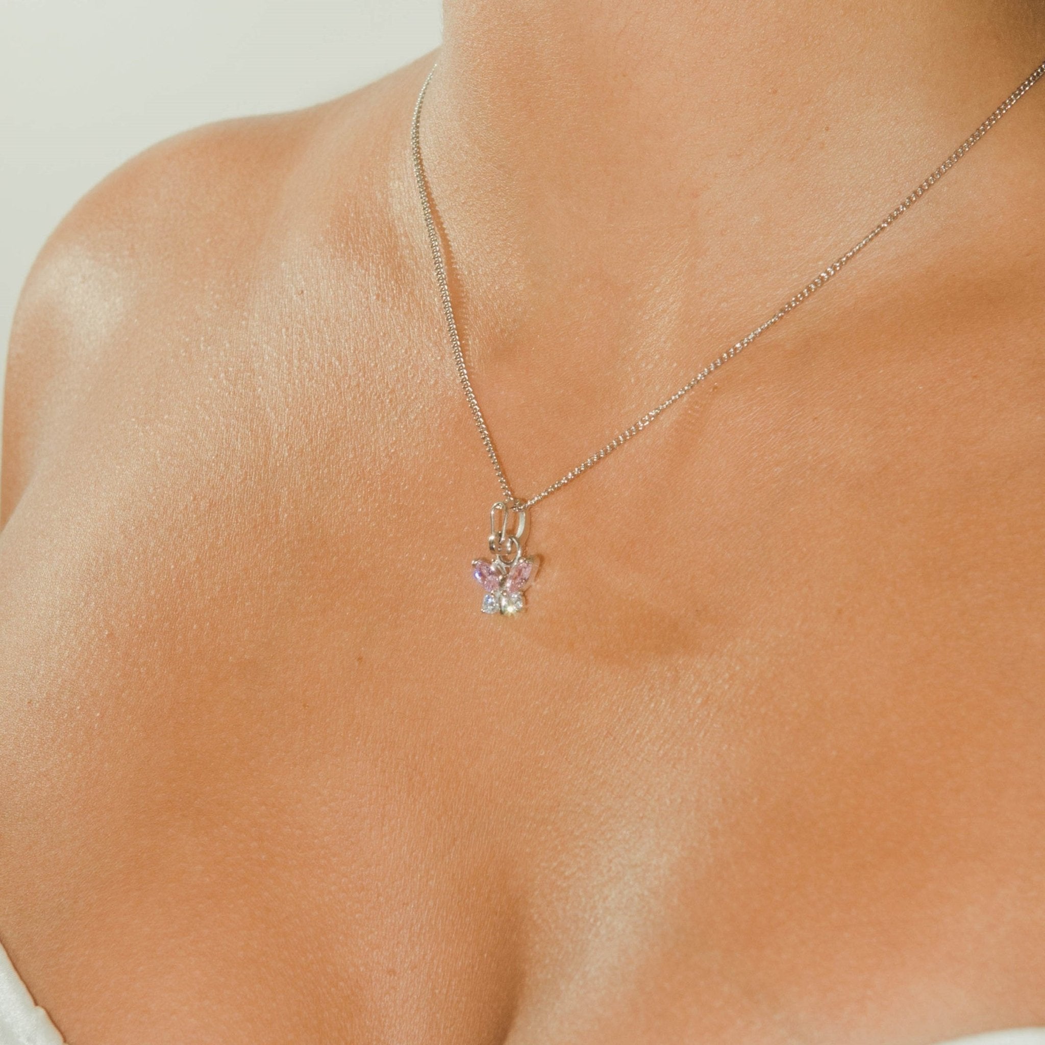 Butterfly Gem Necklace - White Gold - Cernucci