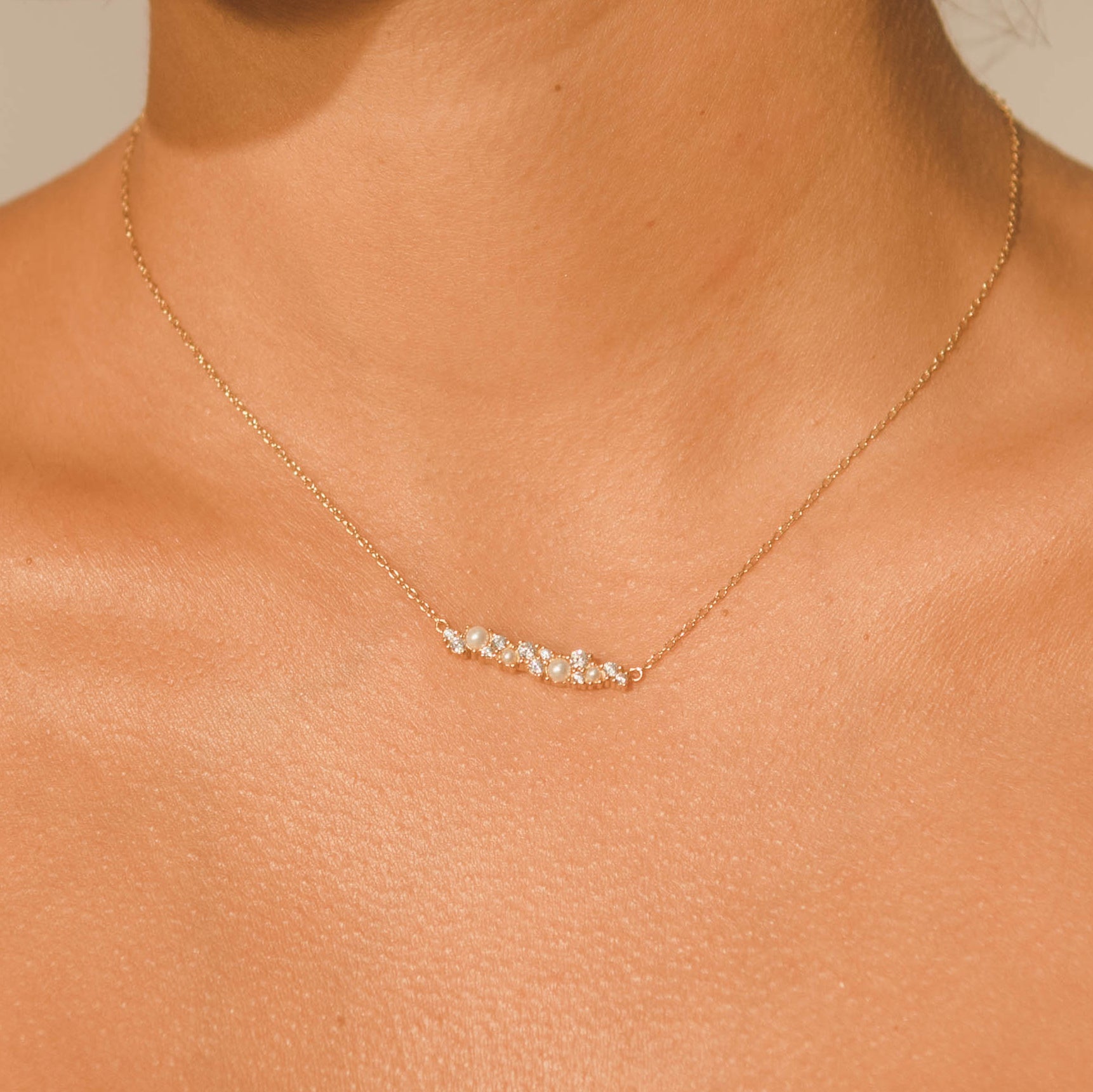 Clustered Gem White Pearl Necklace - Gold - Cernucci