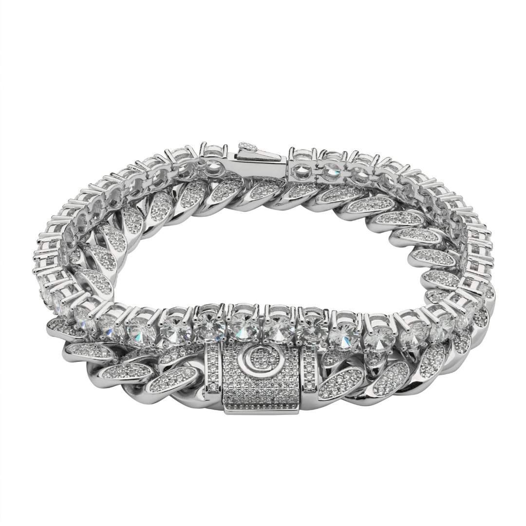 Cuban Link + Tennis Bracelet Bundle - White Gold - Cernucci