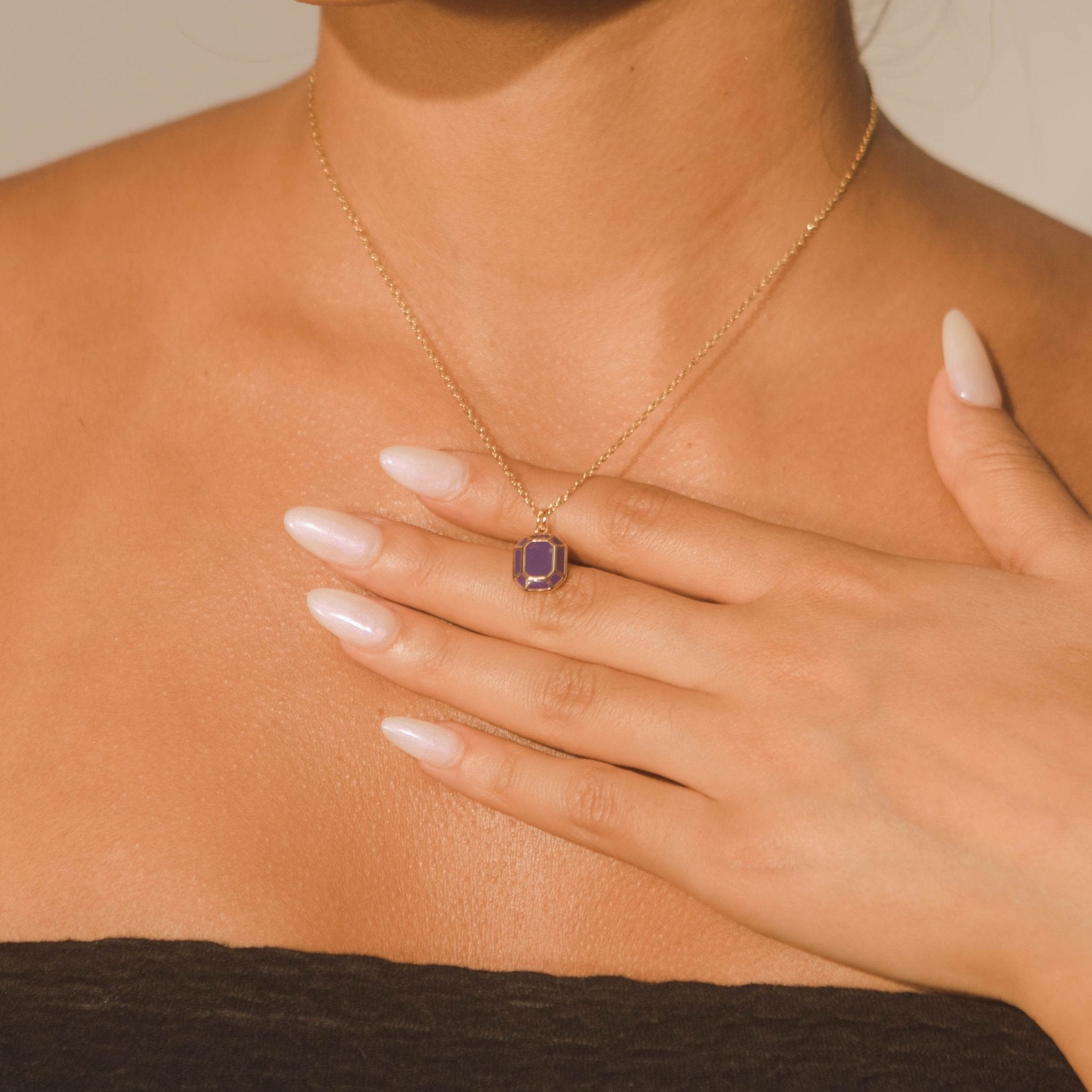 Emerald Cut Charm Necklace - Purple - Cernucci