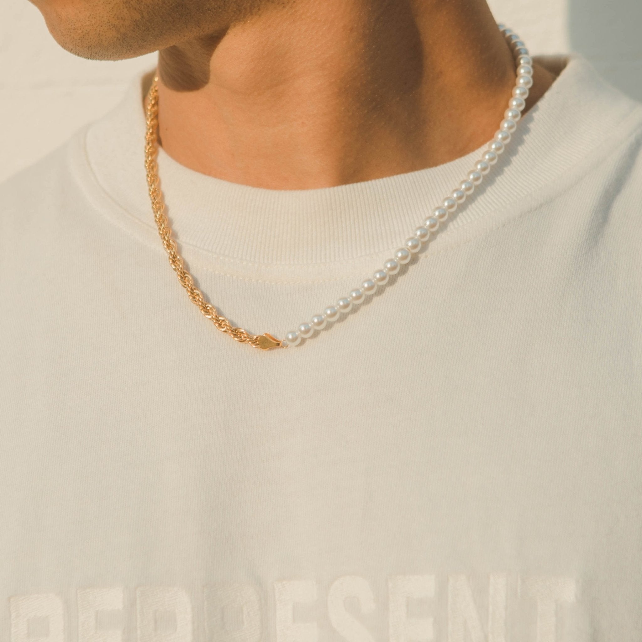 Half Pearl & Rope Necklace - Gold - Cernucci