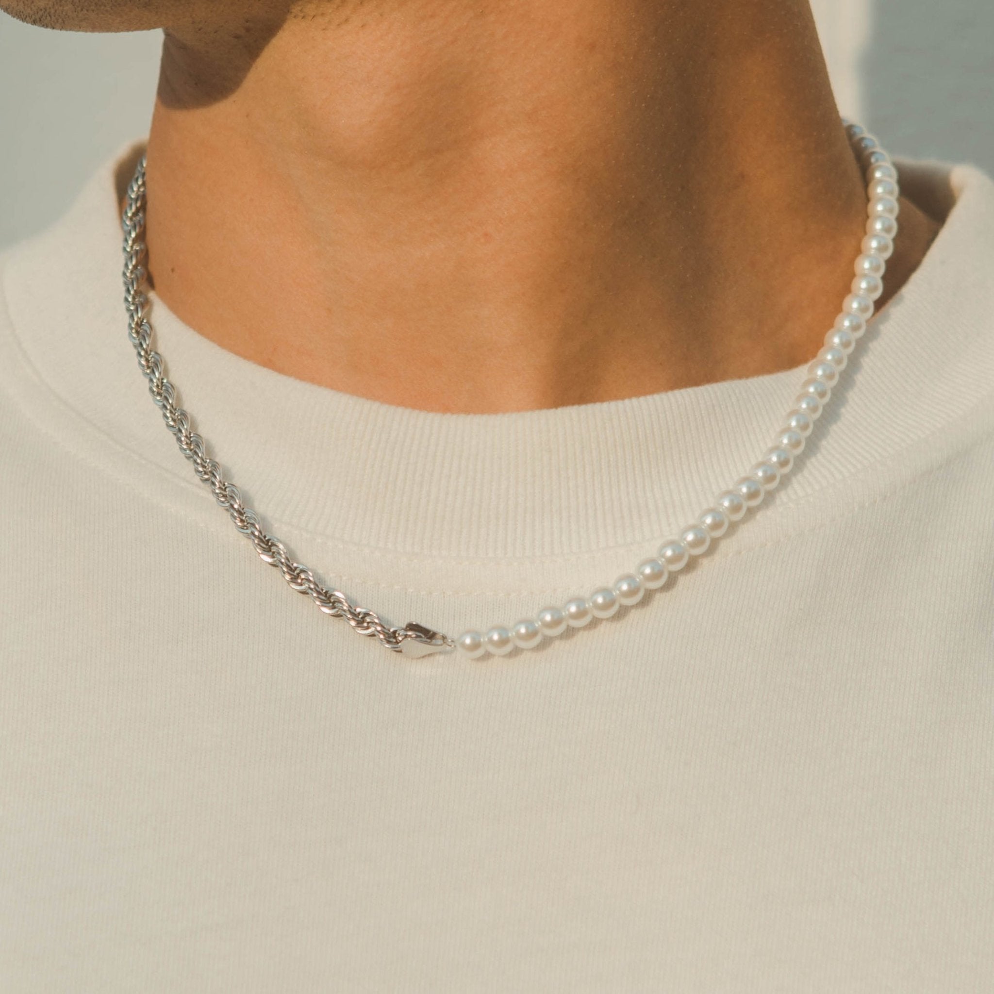 Half Pearl & Rope Necklace - White Gold - Cernucci