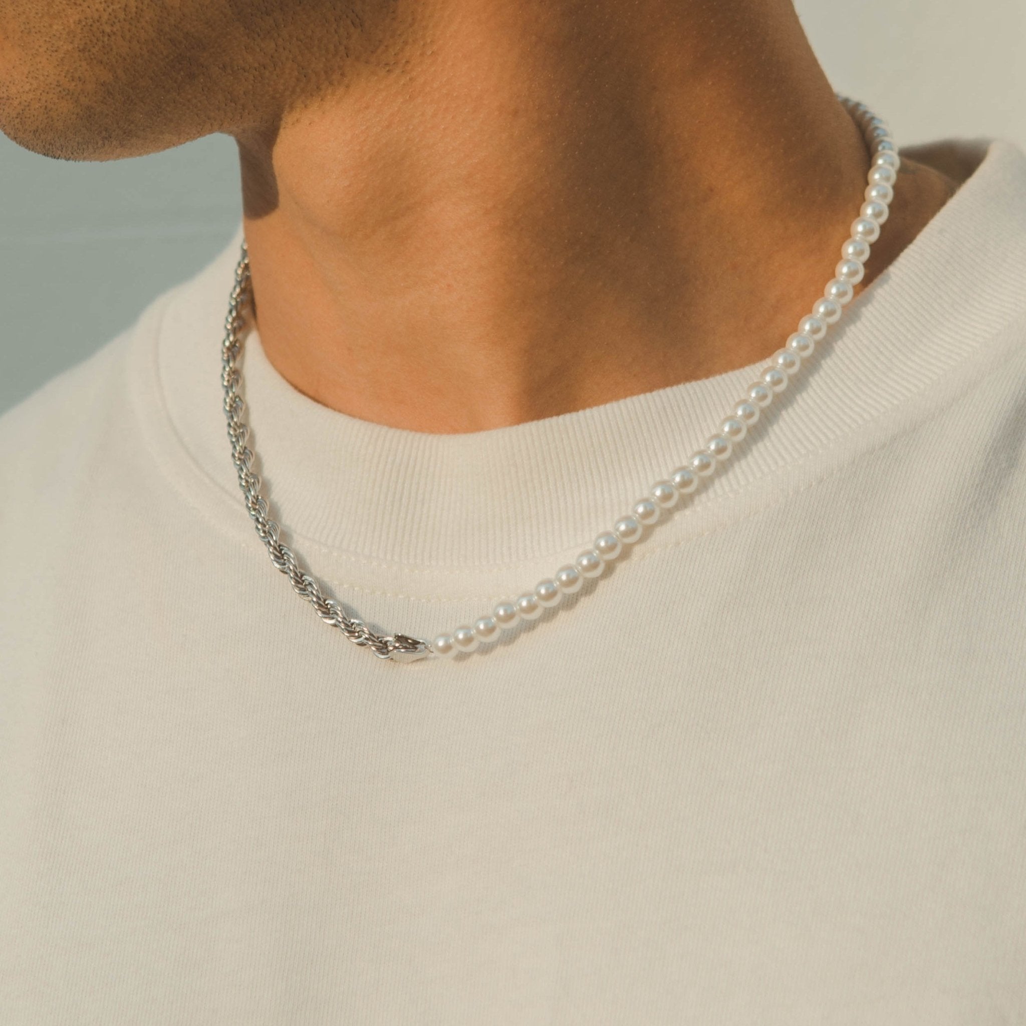 Half Pearl & Rope Necklace - White Gold - Cernucci