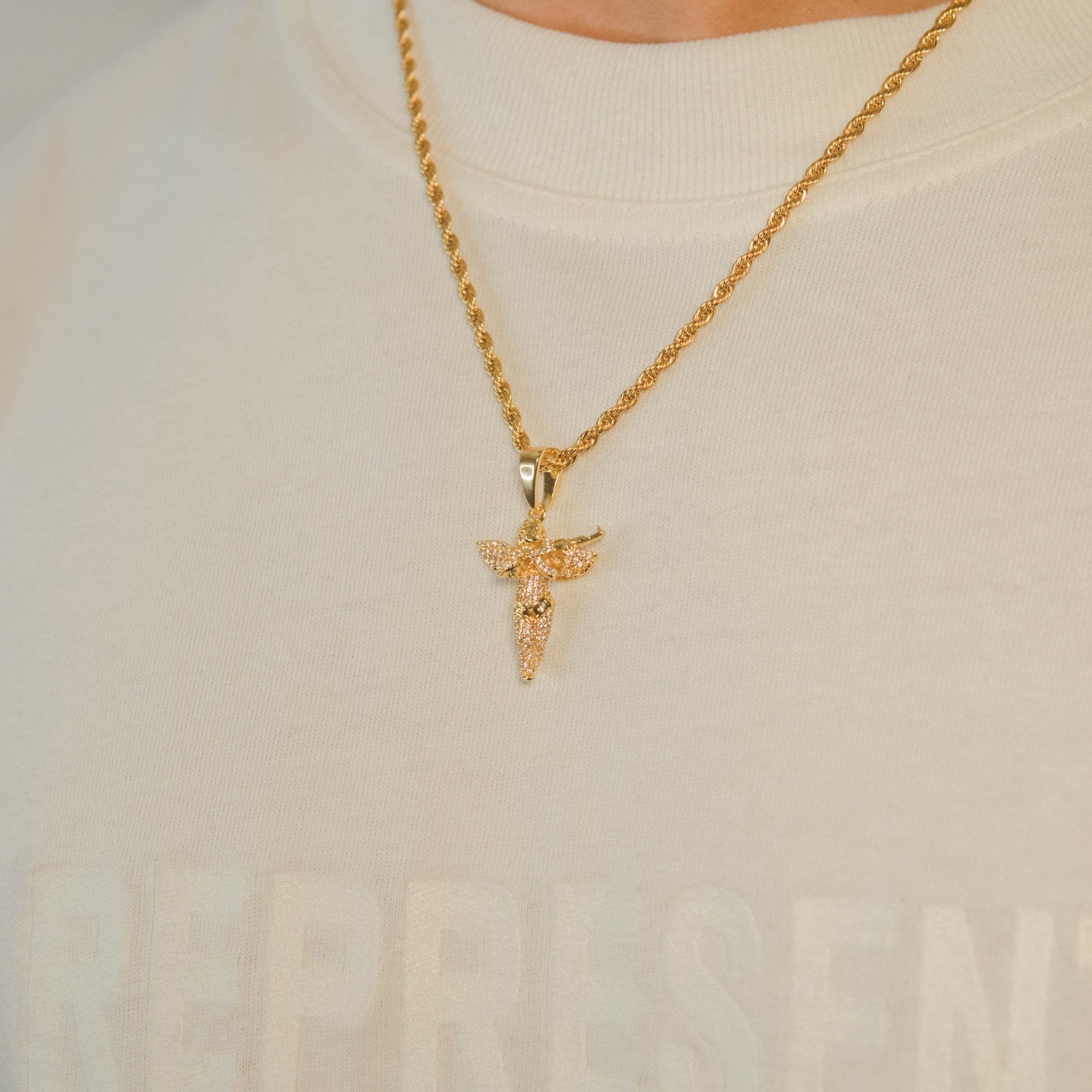 Iced Angel Gun Pendant - Gold - Cernucci