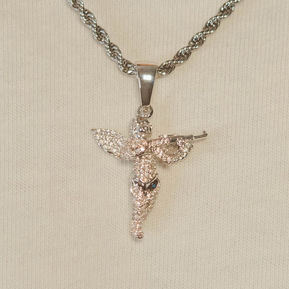 Iced Angel Gun Pendant - White Gold - Cernucci