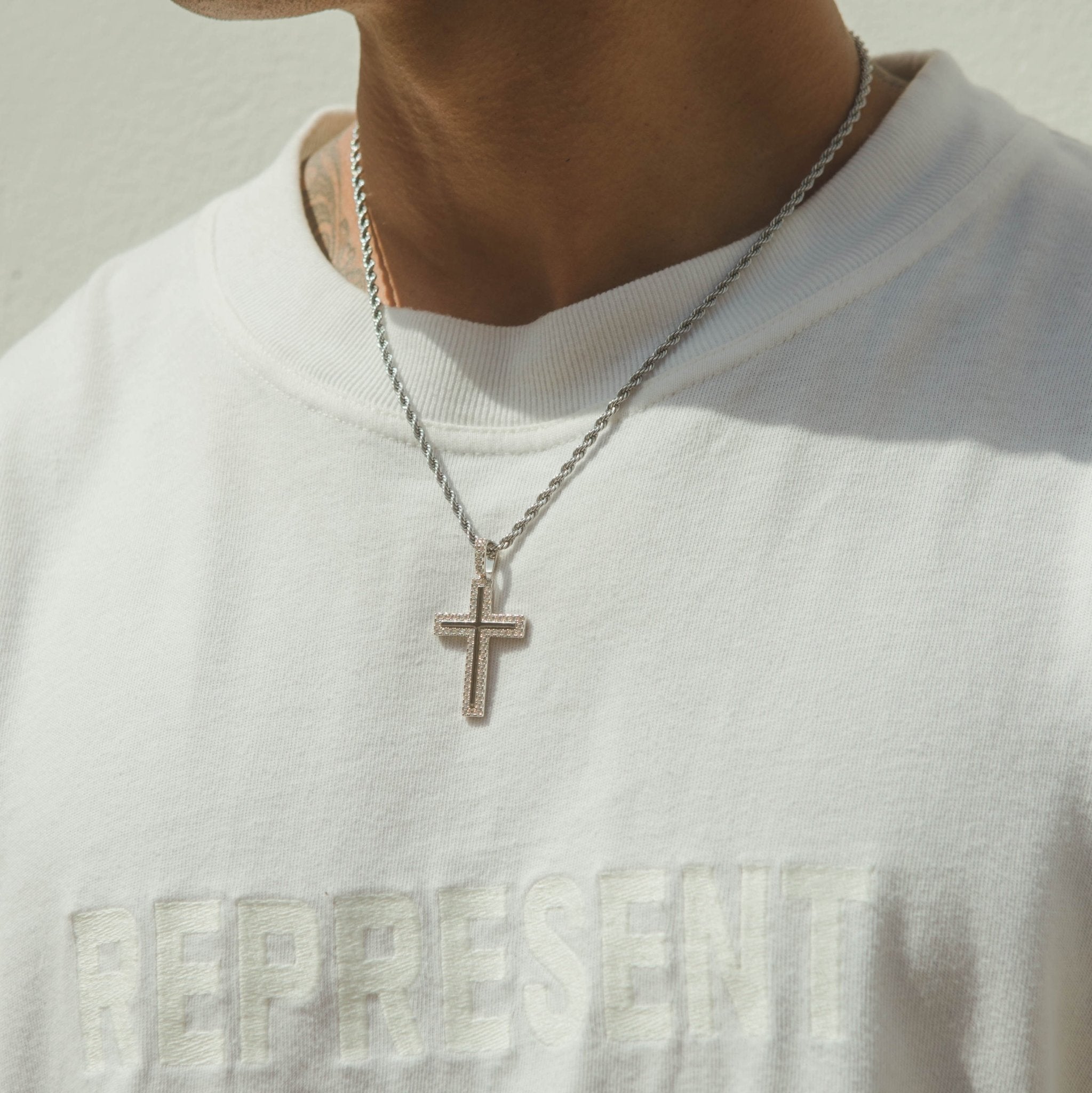 Iced Cross Pendant - White Gold - Cernucci