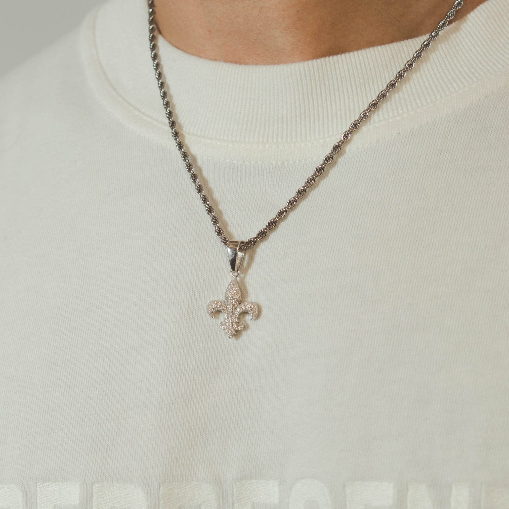 Iced Fleur-de-lis Pendant - White Gold - Cernucci